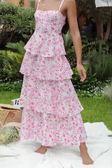 Floral Print Layered Strappy Maxi Dress in Pink