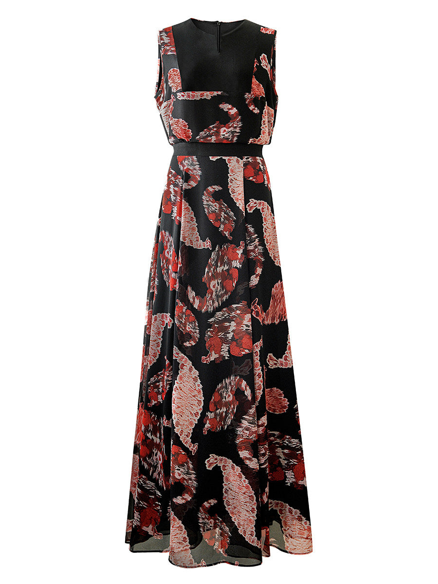 Black Printed V-neck Sleeveless Maxi Dress
