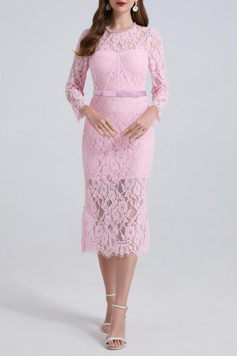 Rhinestone Fishbone Lace Midi Dress in Pink