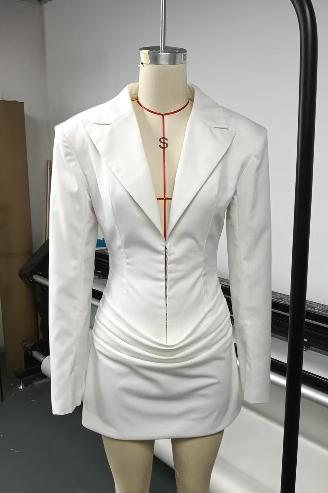 V-Neck Ruched Blazer Mini Dress in White
