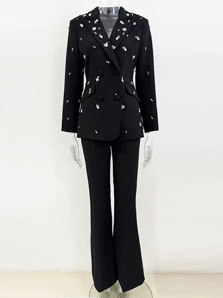 Black Straight Floor Length Pants rhinestone blazer set