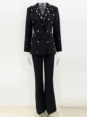 Black Straight Floor Length Pants rhinestone blazer set