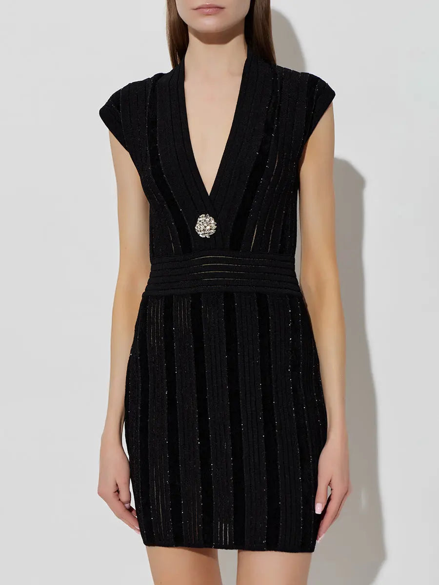 Black V-Neck Mini Dress with Shimmering Ses