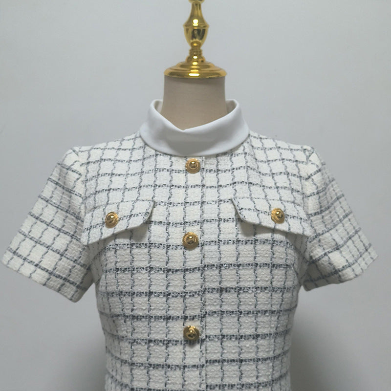 Buttons Check Mini Dress in White