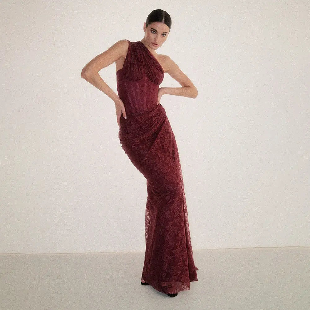 one-shoulder Lace Maxi Dress In Burgundy