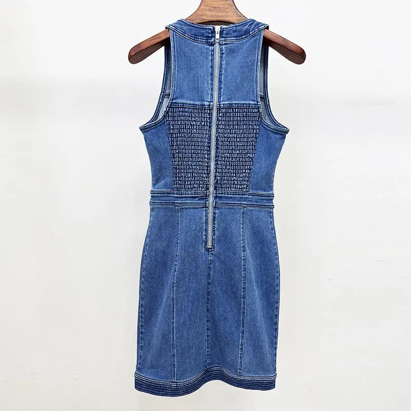 Buttoned Lace-Up Sleeveless Mini Dress in Navy Blue