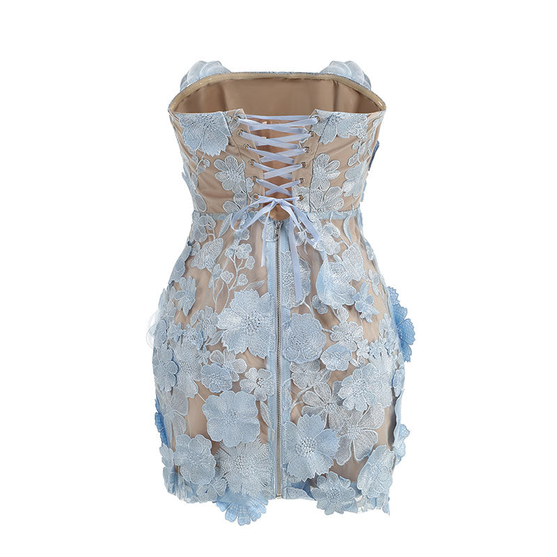 Floral Embroidery Mini Dress in Blue