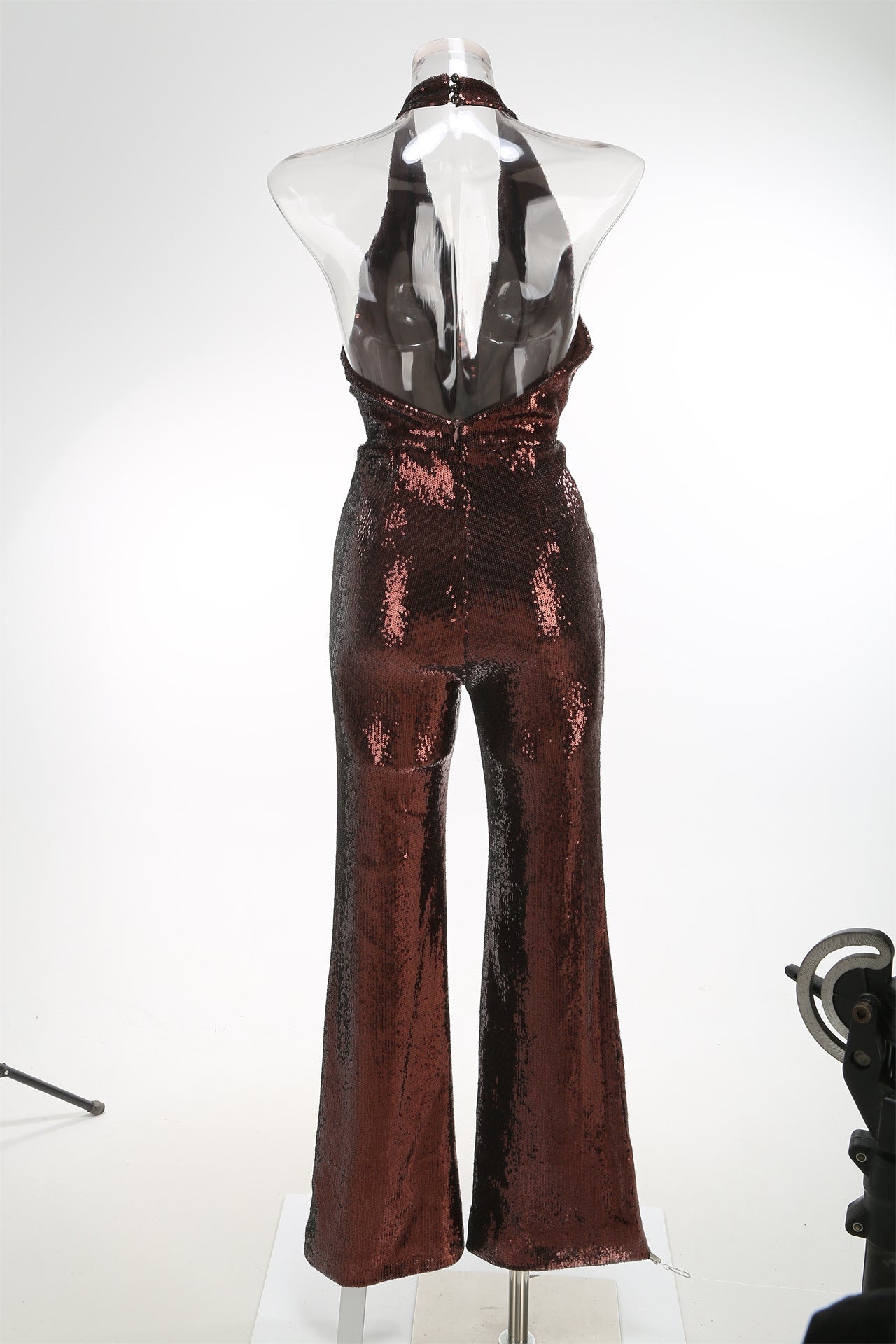 Brown Sequin Deep V High Waist Jumpsuit