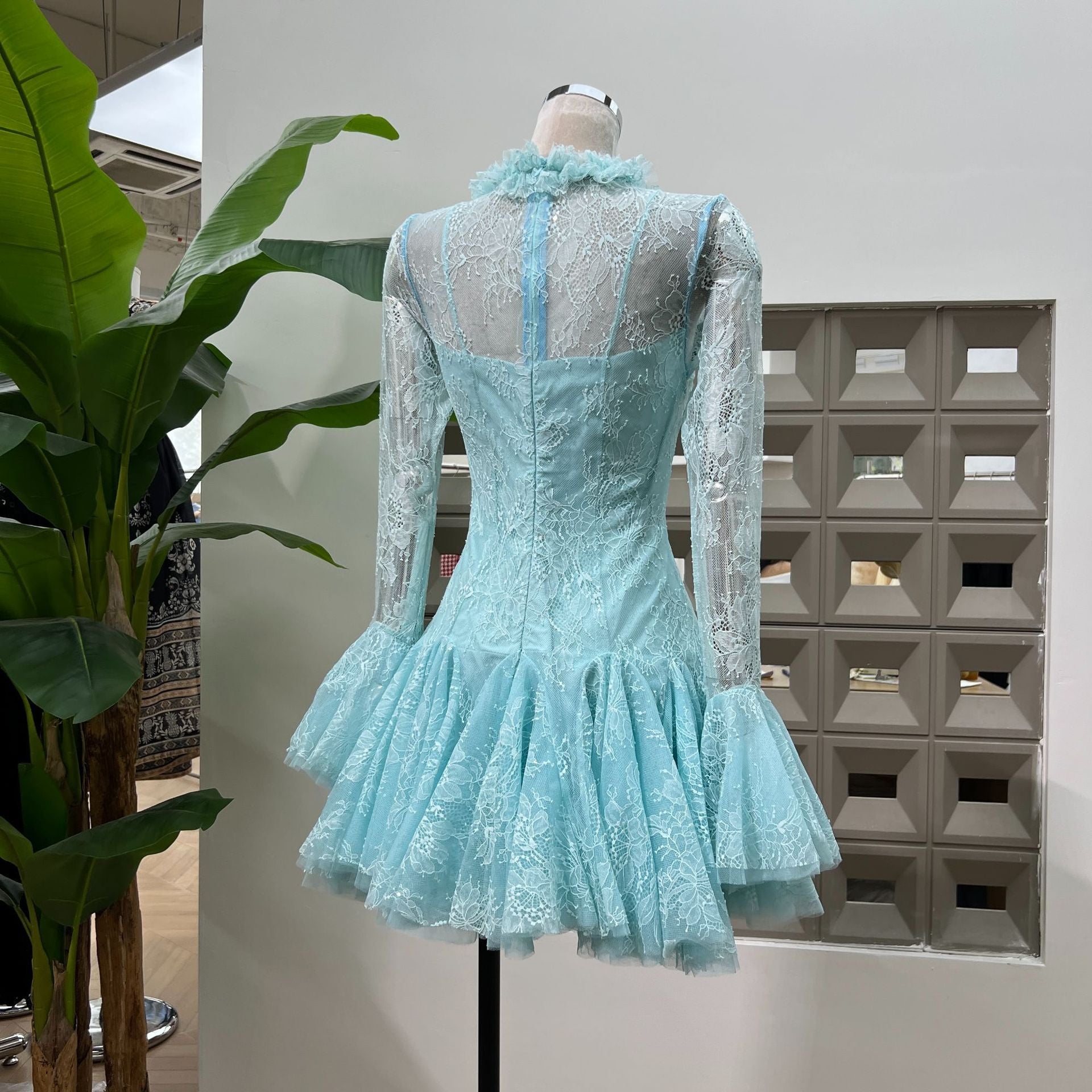 Blue Embroidered Mini Dress