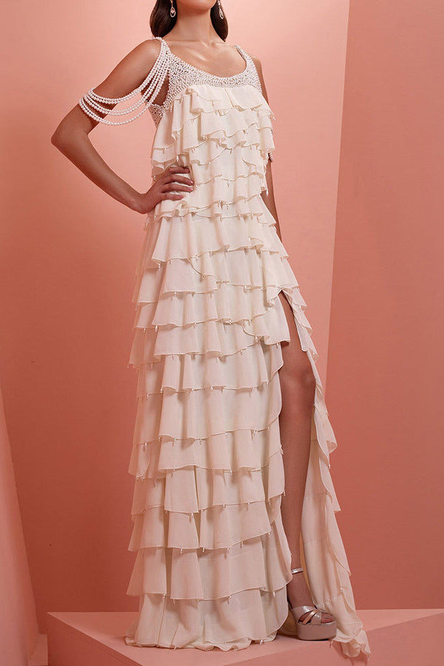 White Nail Bead Layered Leaf Maxi Dress