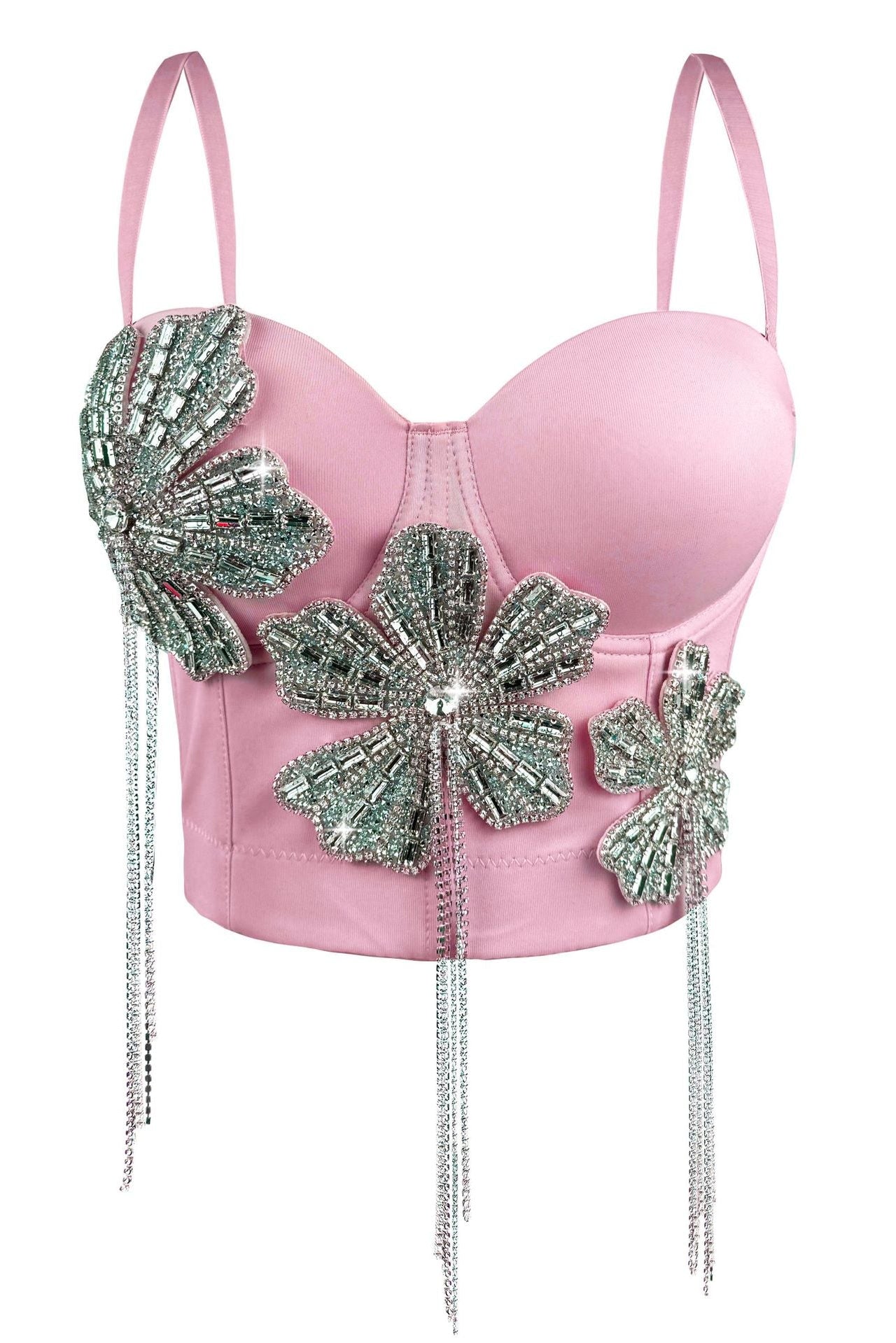 Strap 3D Rhinestone Flower Fringe Corset Bustier Top