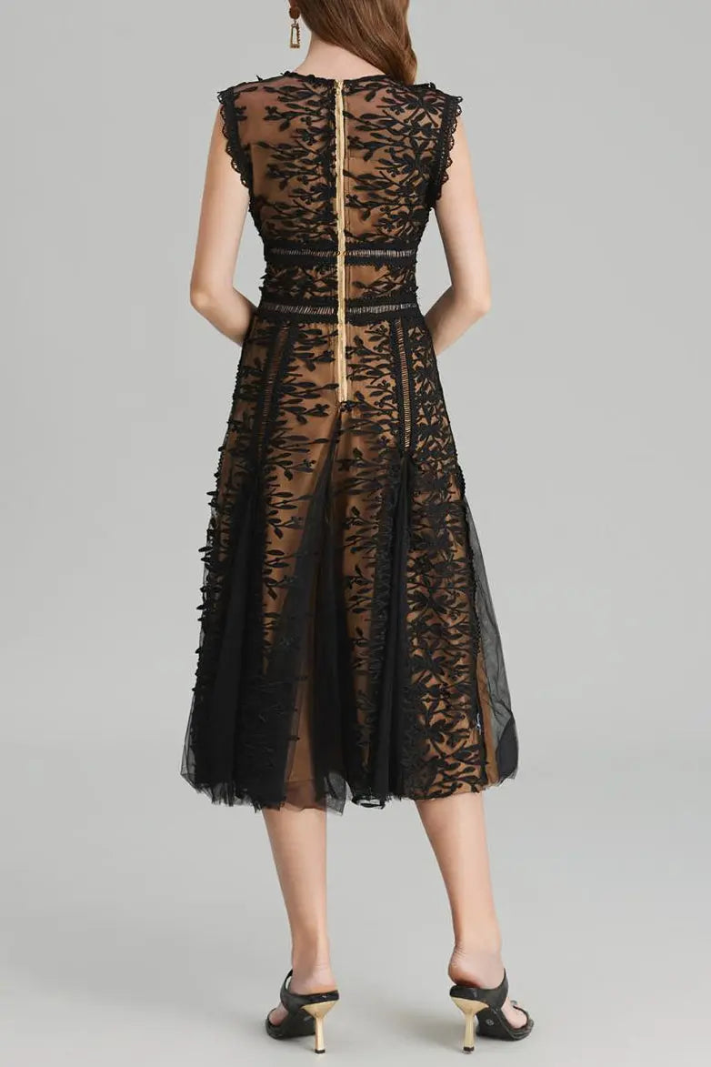 3D Embroidered Lace Mesh Midi Dress in Black