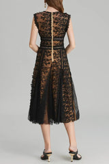 3D Embroidered Lace Mesh Midi Dress in Black