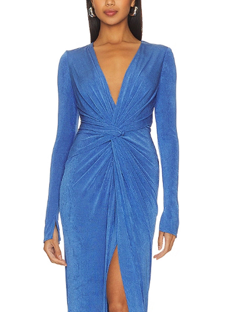 Blue Long Sleeve High Maxi Dress