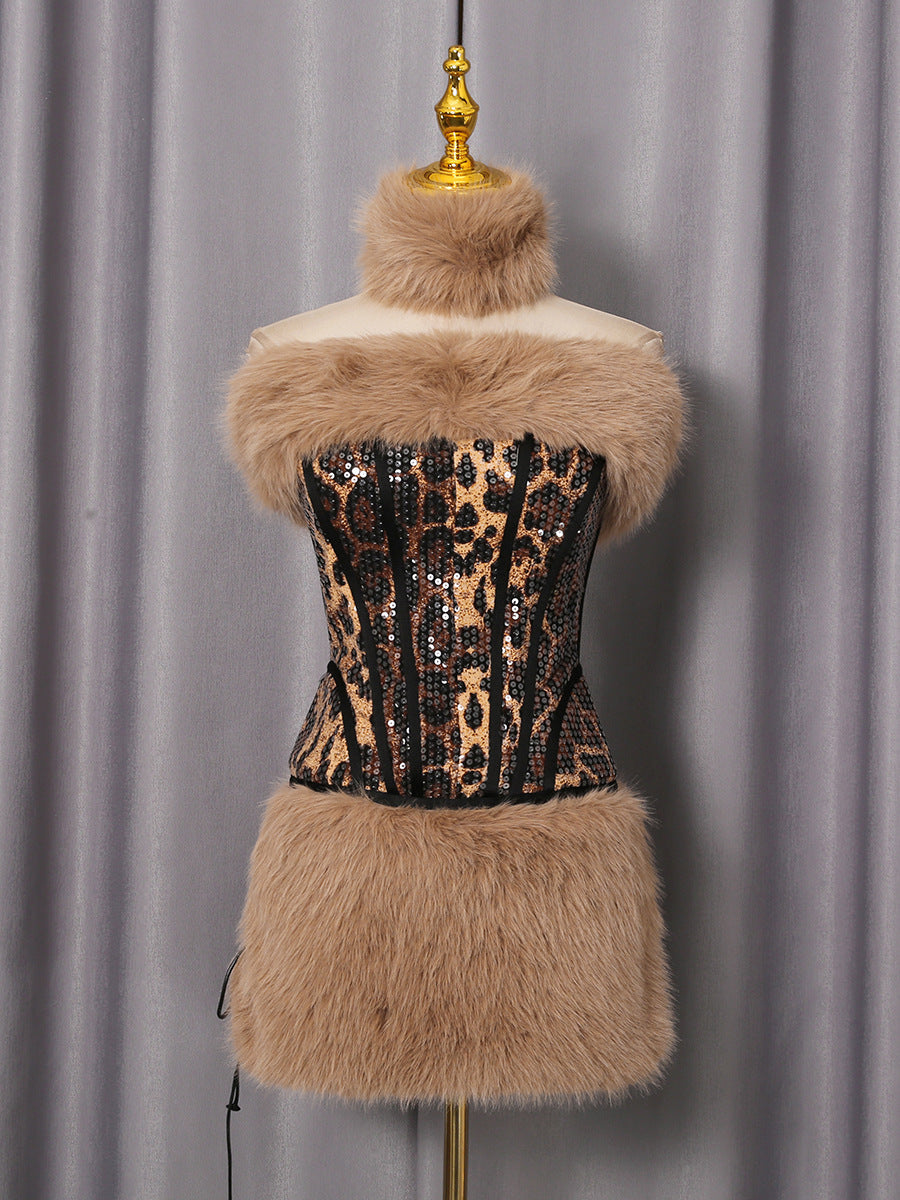Fur Sequin Skirt Set