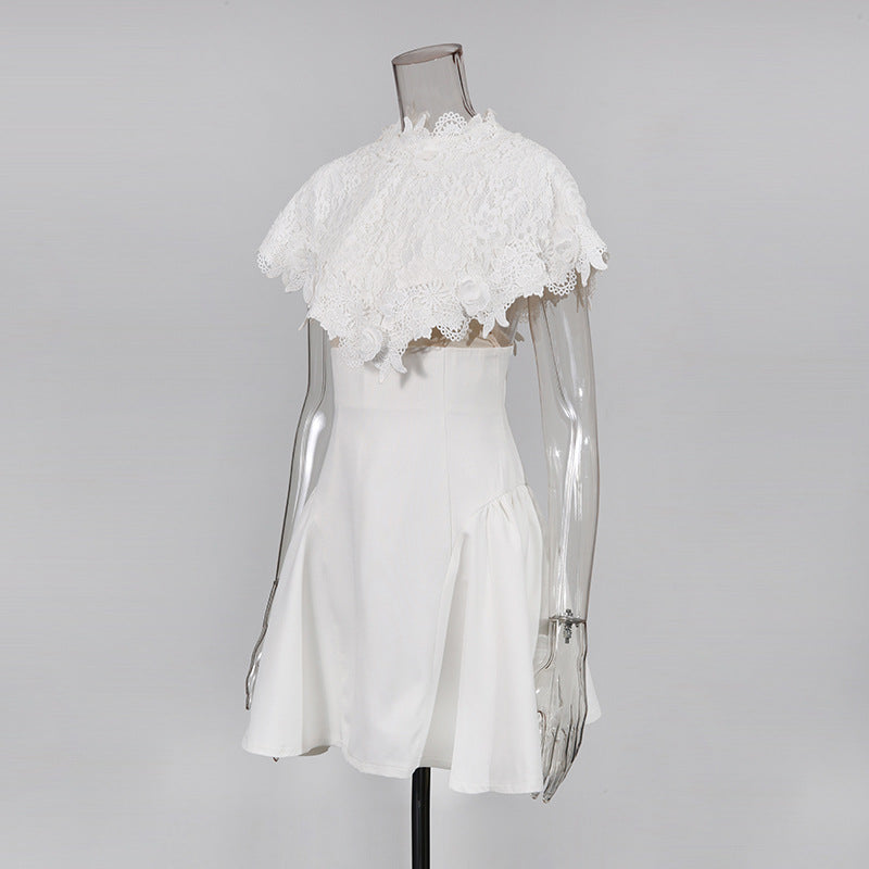 White Mini Dress with Embroidered Lace Cape