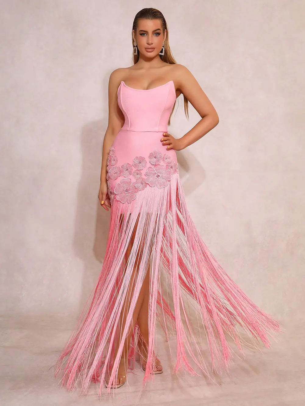 3D Flower Diamond-Bandage Maxi Dress in Pink