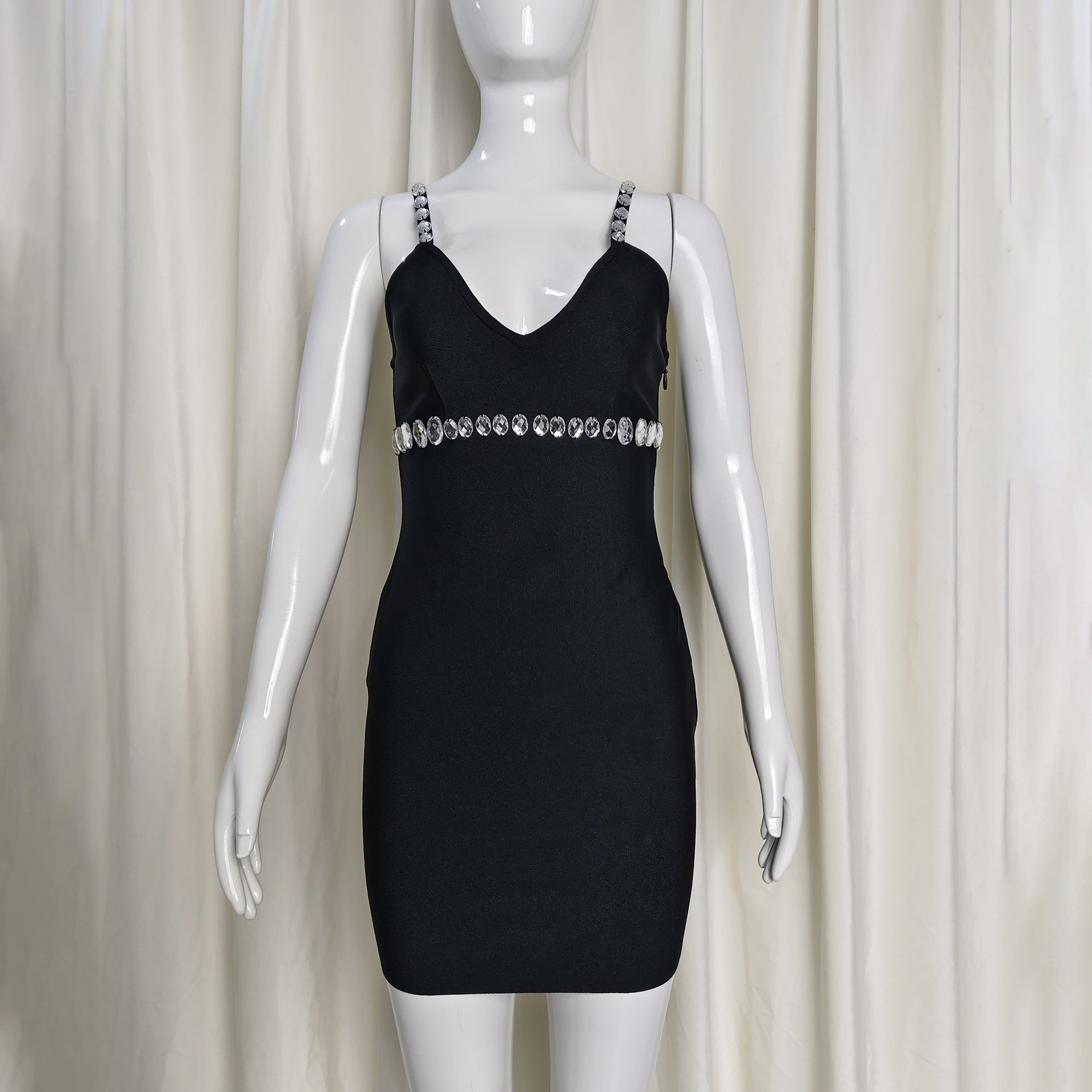 V-Neck Rhinestone Embellished Stretch Bodycon Mini Dress in Black