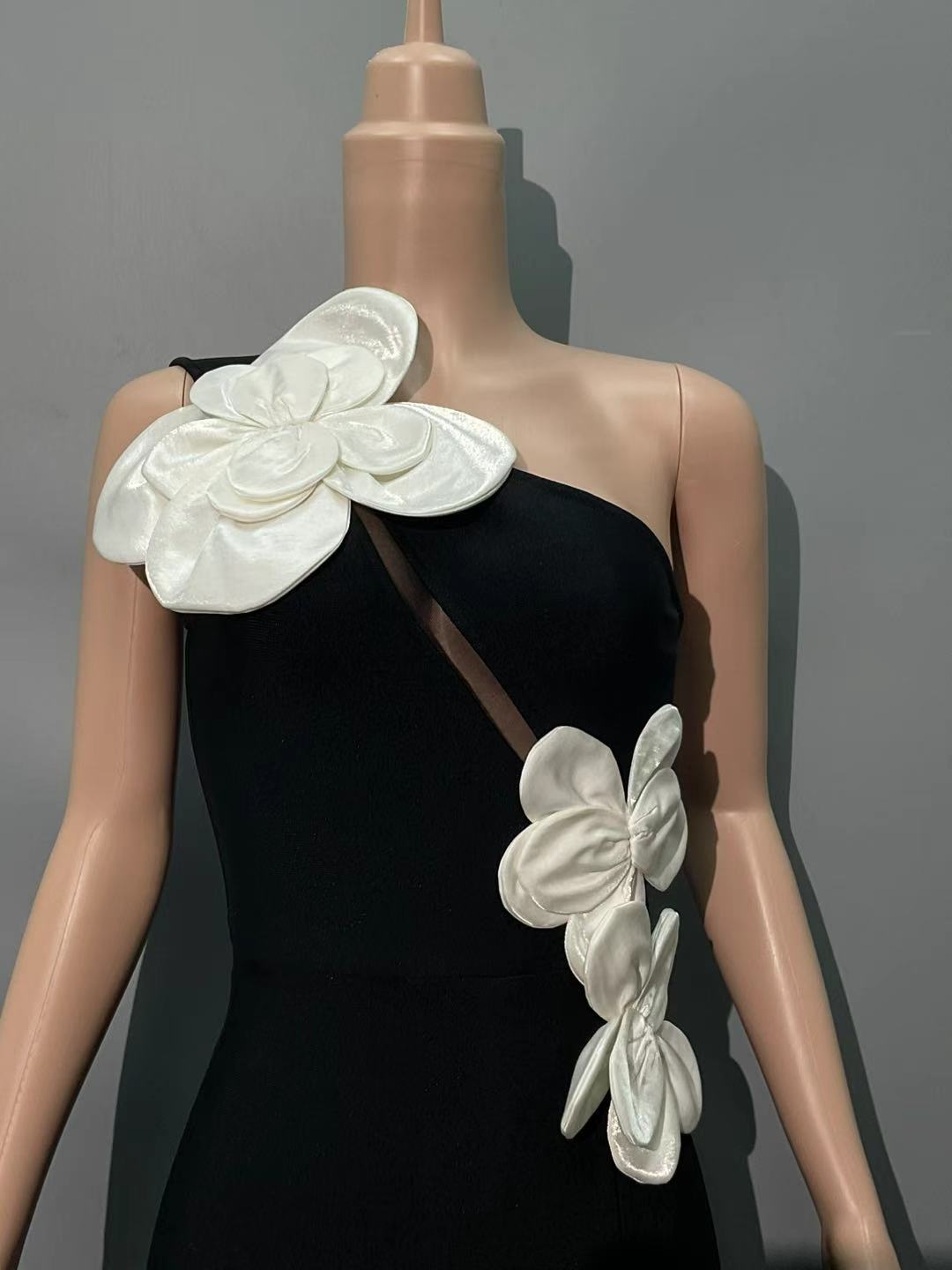 Black Sequin Flowers One Shoulder Bandage Maxi Dress