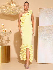 3D Flower One-Shoulder Bodycon Maxi Dress in Yellow