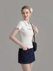 Collar Tie Ribbed Knit Short Sleeve Top