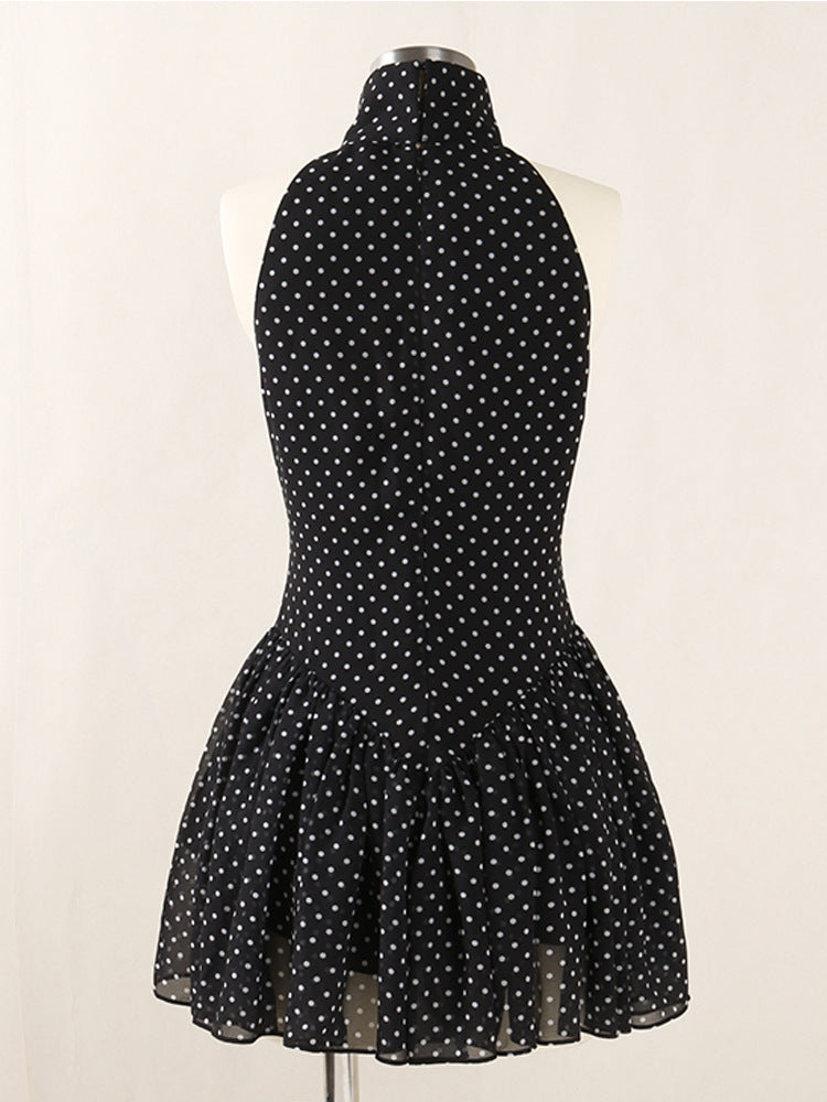 Polka Silk Sleeveless Halter Mini Dress in Black