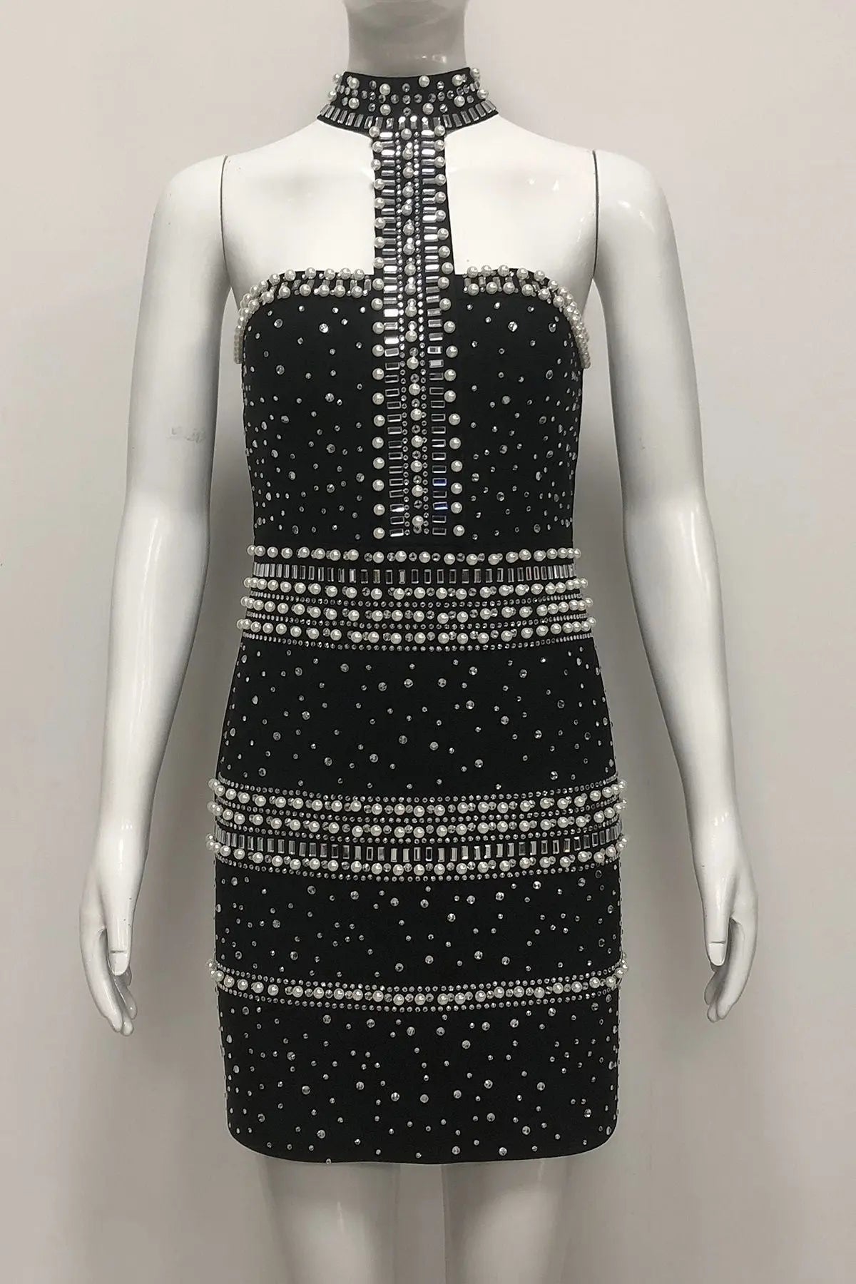 Rhinestone Halter Mini Dress in Black