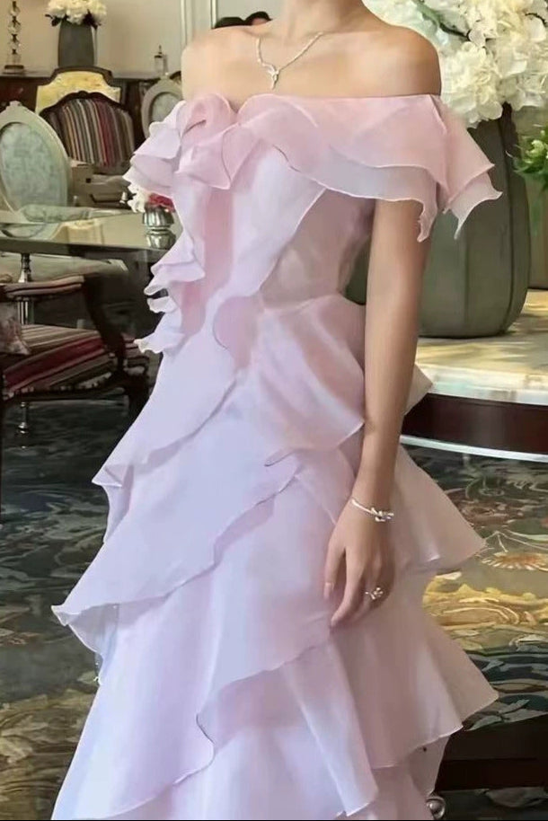 Off Shoulder Ruffled Maxi Evening Dress
