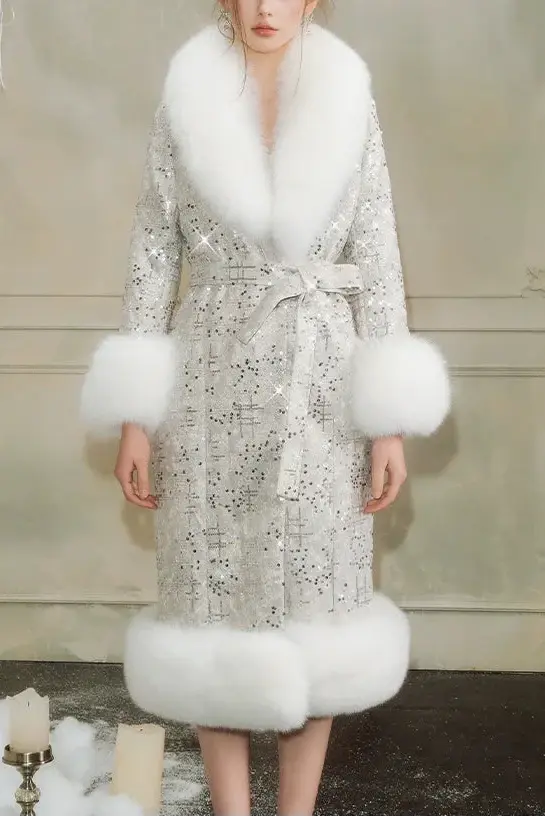 Sliver Tie Long Sleeve Long Fur Autumn Coat