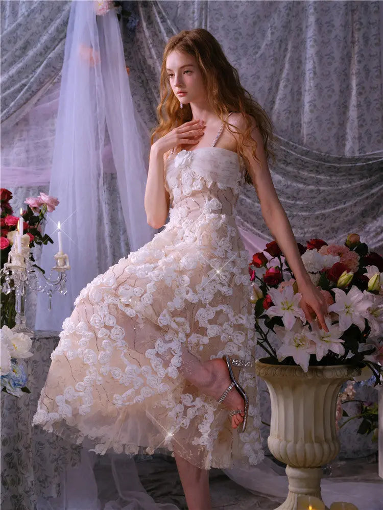 Leah White/Beige Sleeveless Flower Dress