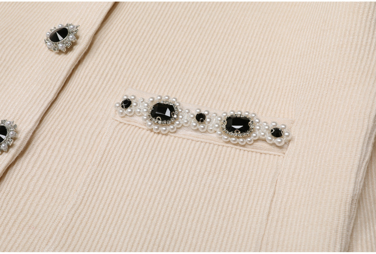 Cream Embellished Cardigan Skirt Set