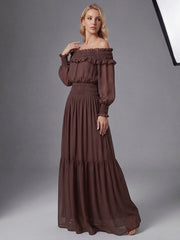 Brown Off-Shoulder Long Sleeve Maxi Dress with Ruched Trim