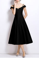 Off-Shoulder Satin Midi Dress in Black