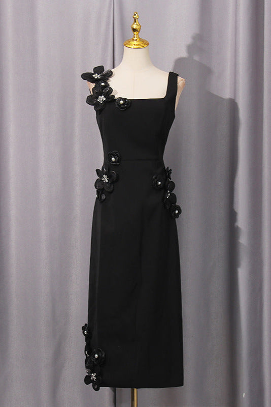 3D Flower Midi Dress in Black