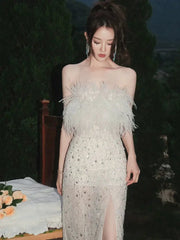 White Haute Couture Feather Sequin Dress