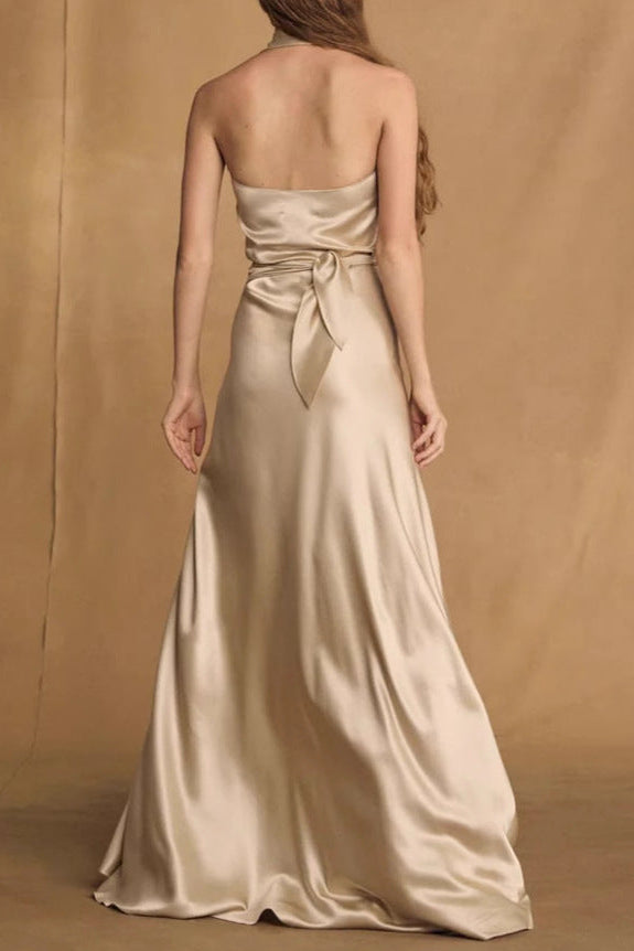 Champagne Crepe Bias-Cut Satin Halter Maxi Dress