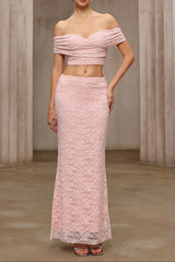 Pink Lace Off-Shoulder Top and Skirt Set