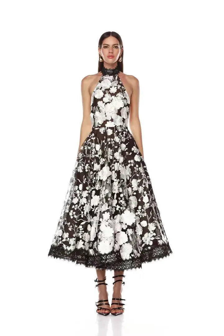 Black Halter Floral Embroidered Midi Dress