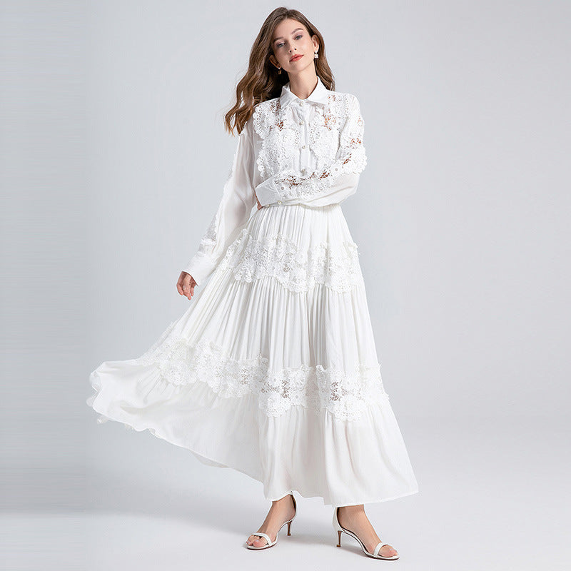 Splicing Flapped Lace Hollow Midi Dress in White