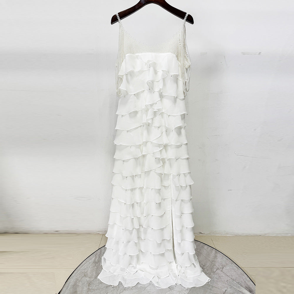 White Nail Bead Layered Leaf Maxi Dress