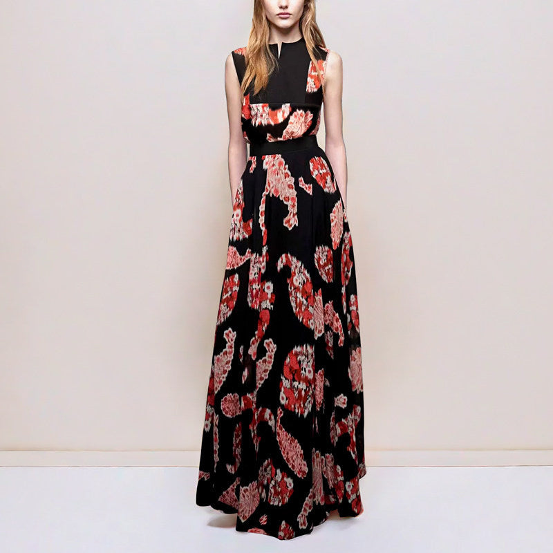 Black Printed V-neck Sleeveless Maxi Dress
