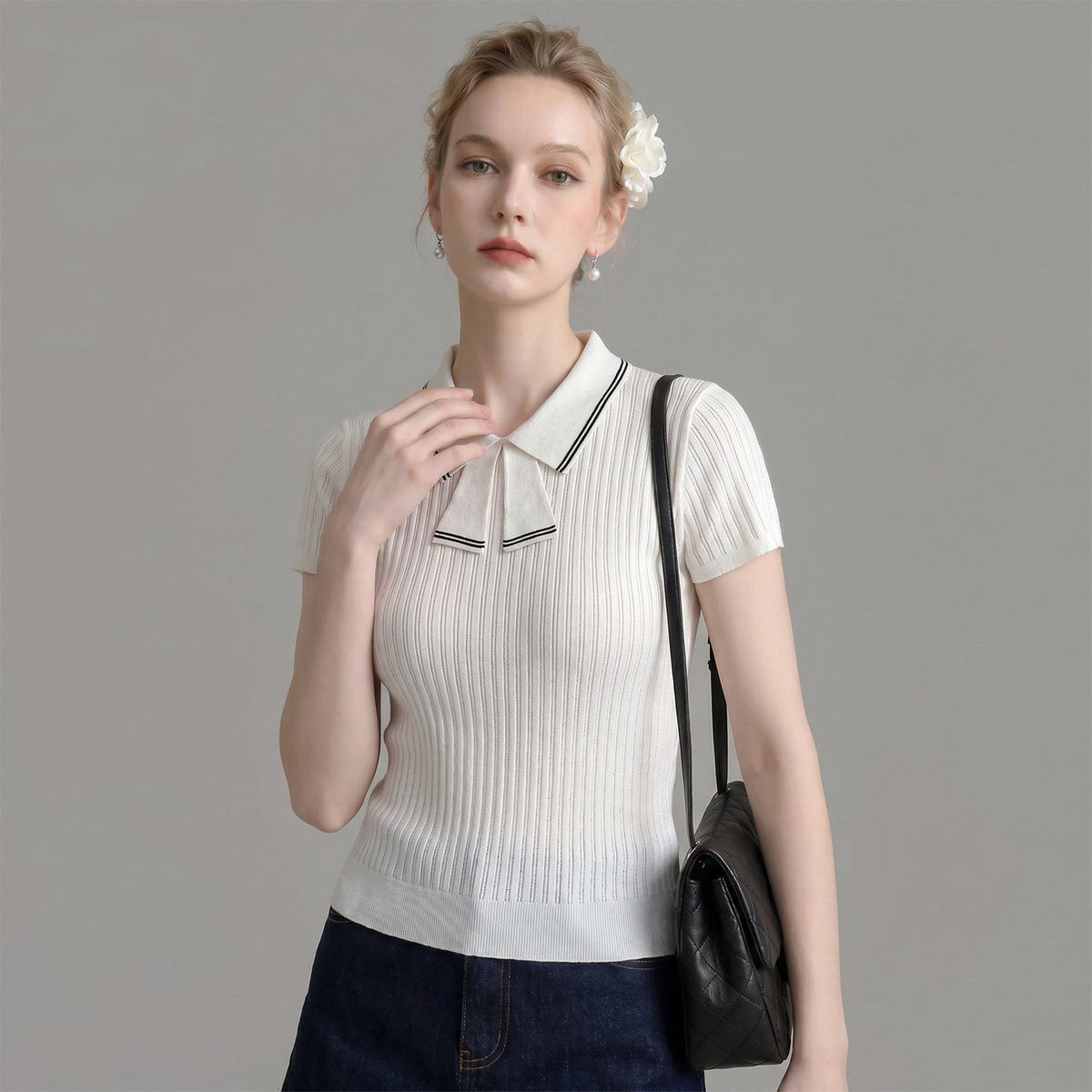 Collar Tie Ribbed Knit Short Sleeve Top