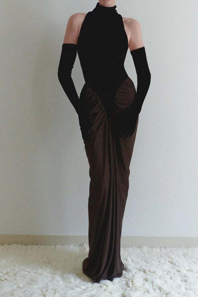 Mesh Patchwork Maxi Dress in Black