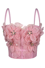 Strap Sheer Mesh 3D Flower Rhinestone Corset Bustier Top