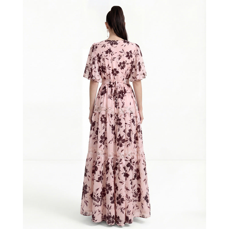 V-neck Lace Trim Printed Maxi Dress - Pink