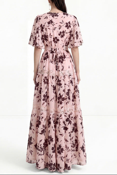 V-neck Lace Trim Printed Maxi Dress - Pink
