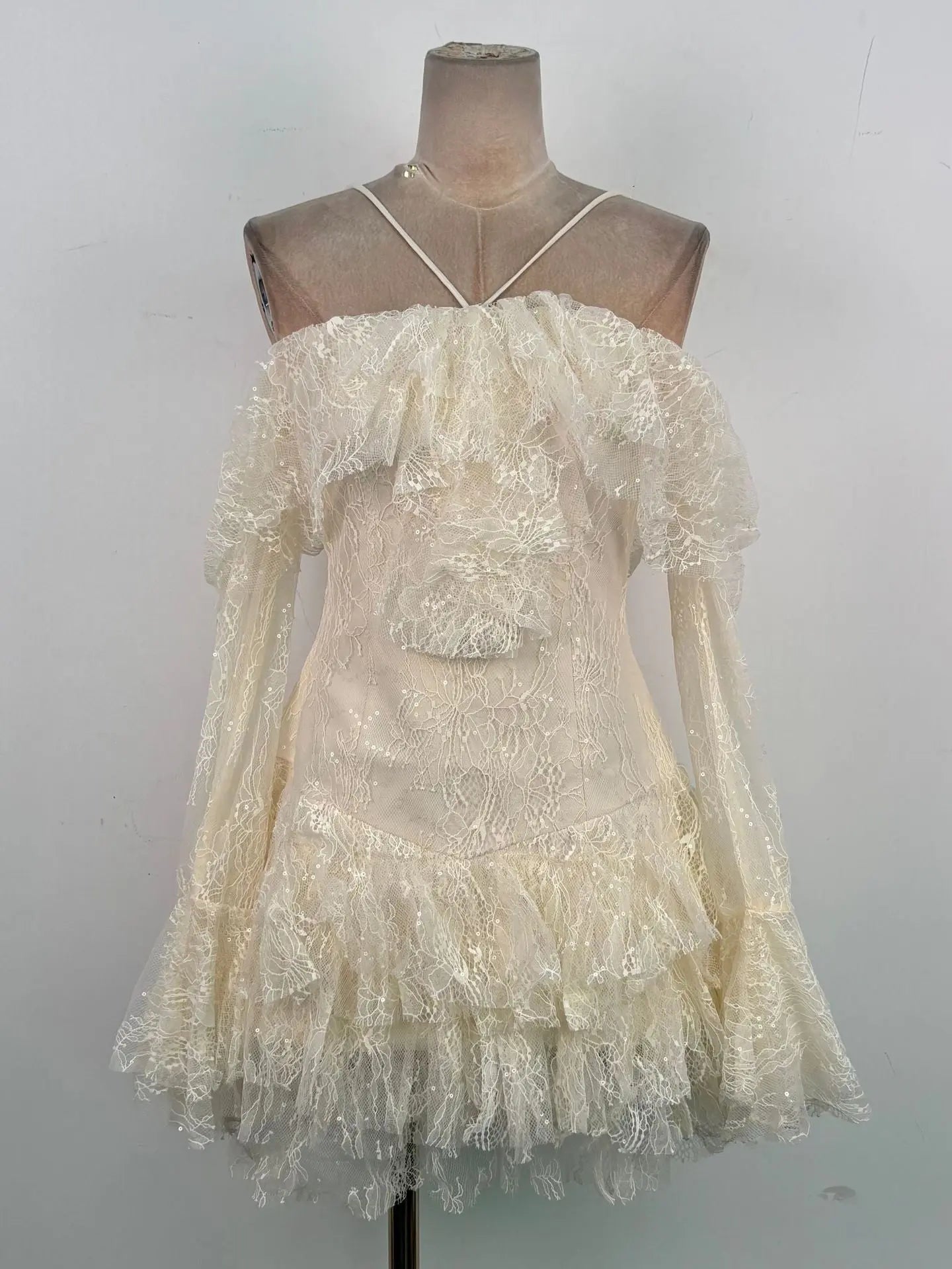 Off Shoulder Lace Ruffle Mini Dress