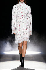 Lace-Trim Long-Sleeve Floral Midi Dress in White