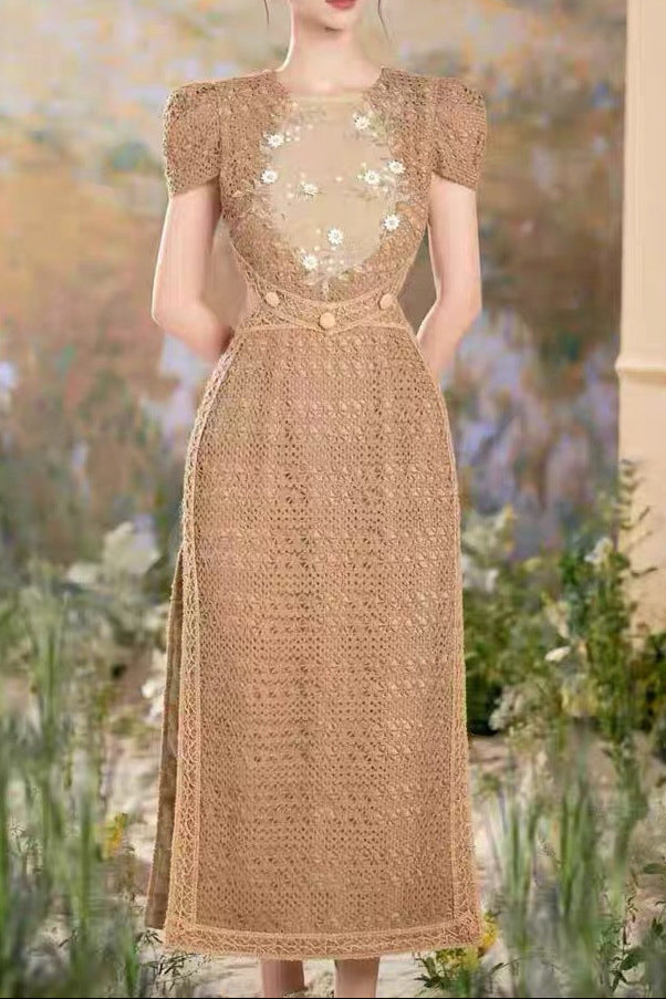 Hollow Maxi Dress in Brown