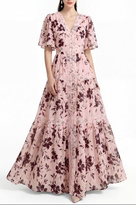 V-neck Lace Trim Printed Maxi Dress - Pink